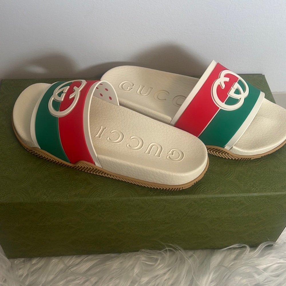 Gucci Cream Slides with Red and Green Stripes